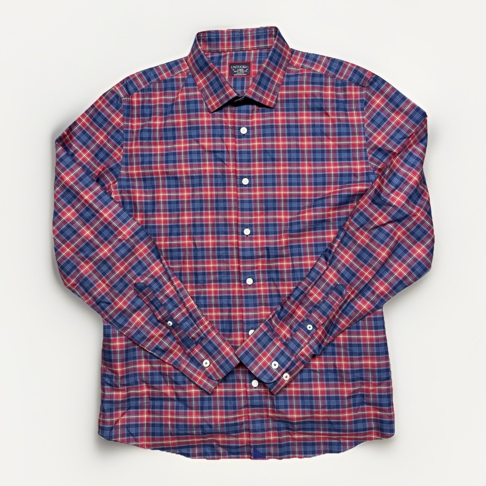Untuckit Slim Fit Wrinkle Free Large Red Blue Plaid Button Down Shirt Long Sleev